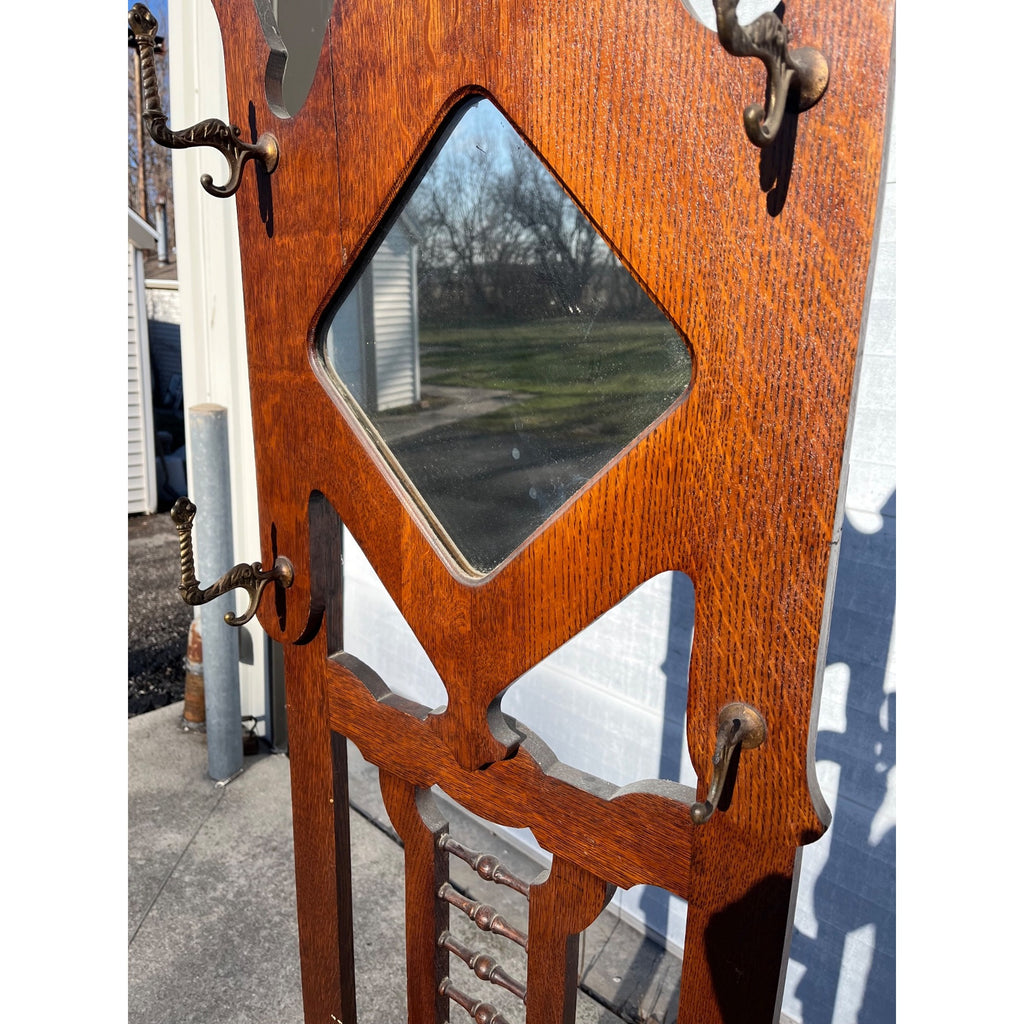 Antique 1900s Oak Hall Tree Stand Mirror Coat Rack Umbrella Brass Pan Arts & Crafts