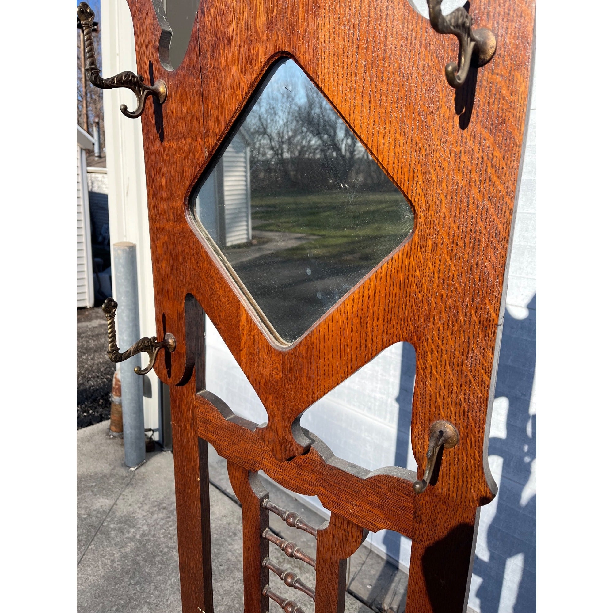 Antique 1900s Oak Hall Tree Stand Mirror Coat Rack Umbrella Brass Pan Arts & Crafts