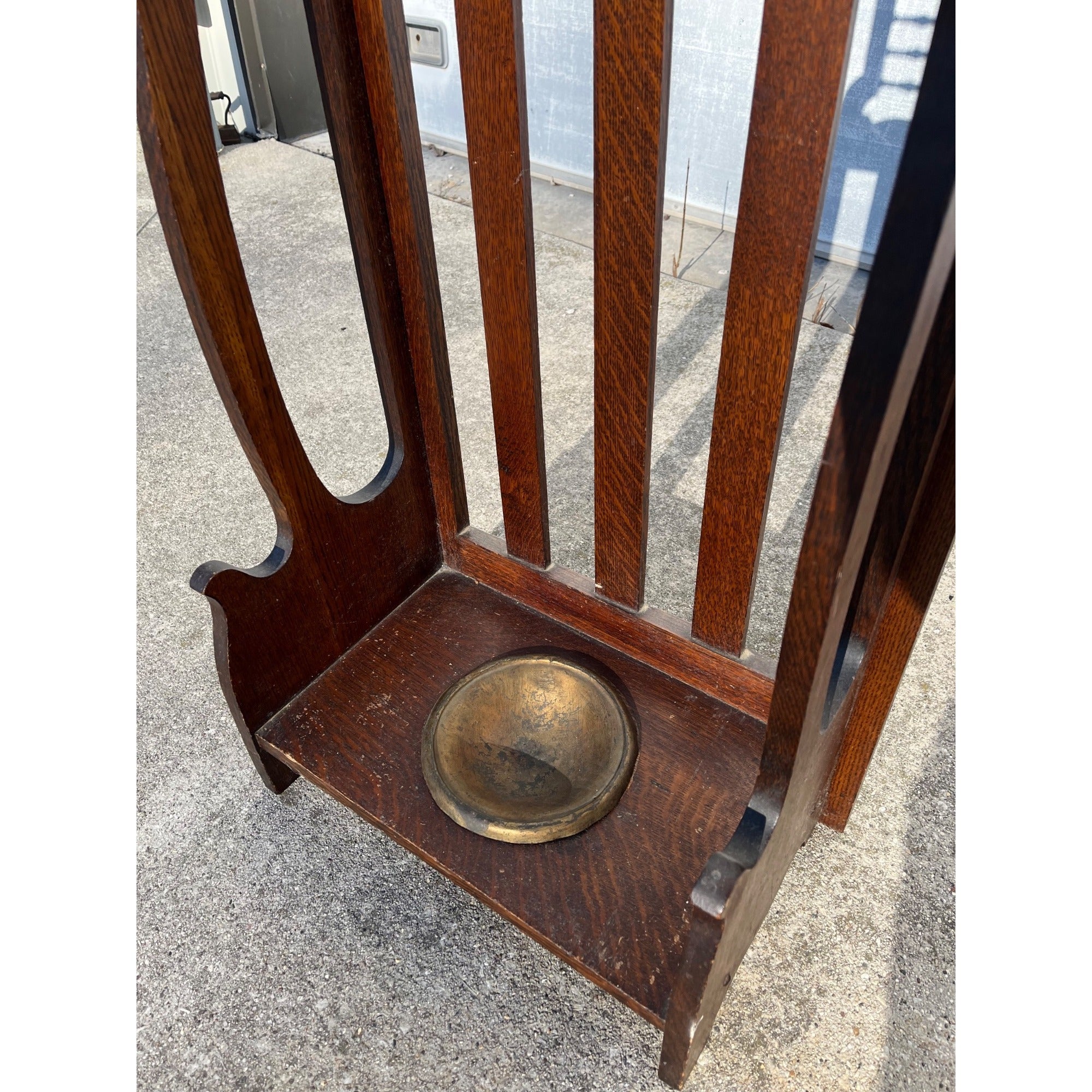 Antique 1900s Oak Hall Tree Stand Mirror Coat Rack Umbrella Brass Pan Arts & Crafts