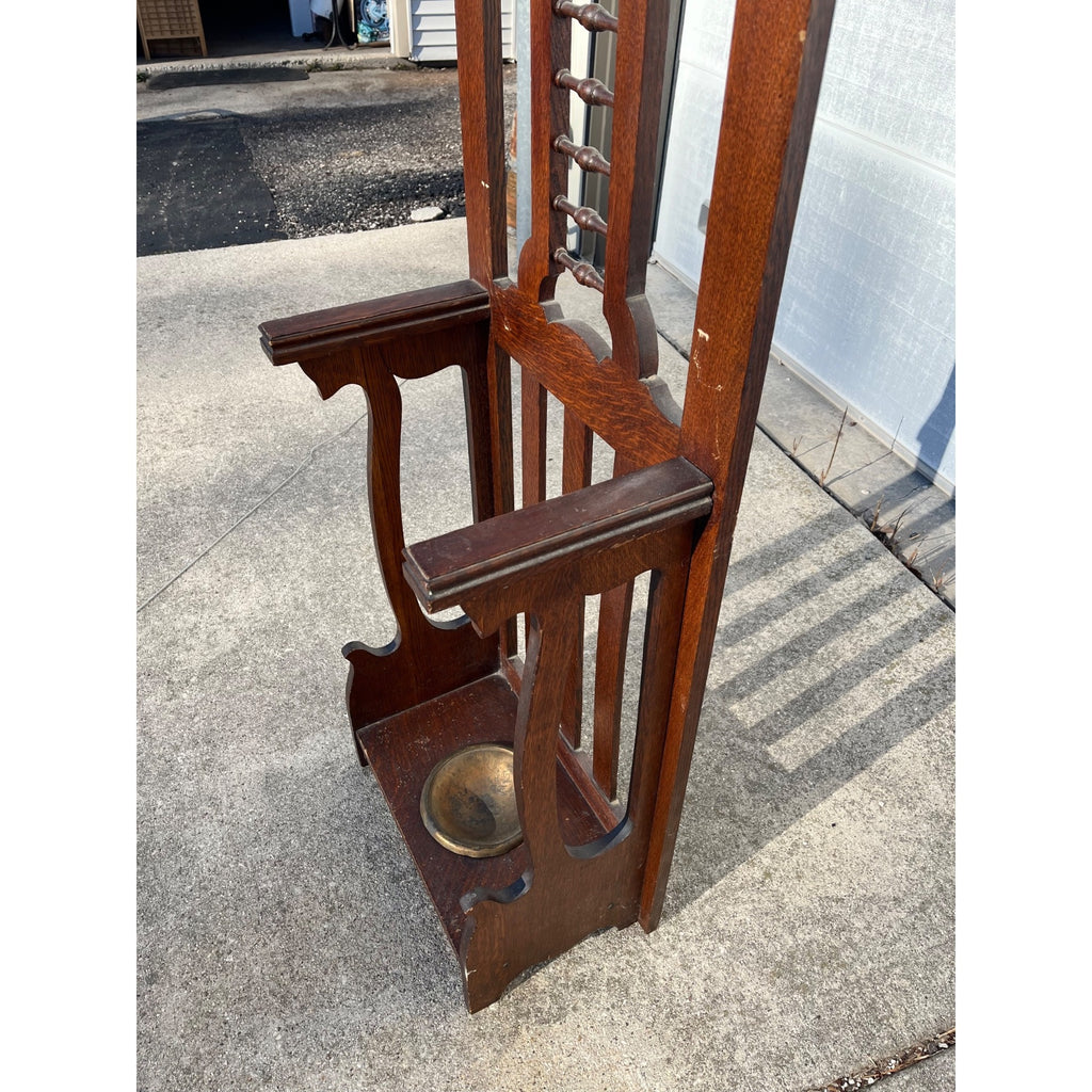 Antique 1900s Oak Hall Tree Stand Mirror Coat Rack Umbrella Brass Pan Arts & Crafts