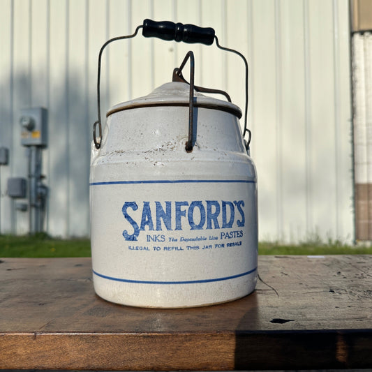 Antique Primitive Sanford's Ink Stoneware Jar Advertising School