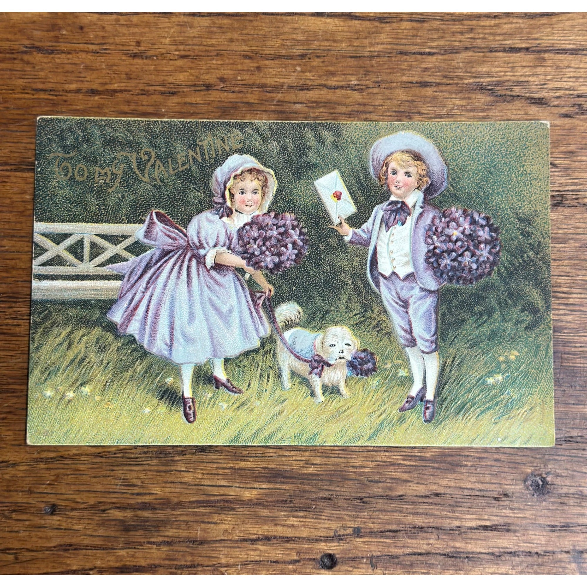 Valentine's Day Postcard Victorian Boy Girl Dog Purple Outfits Valentine
