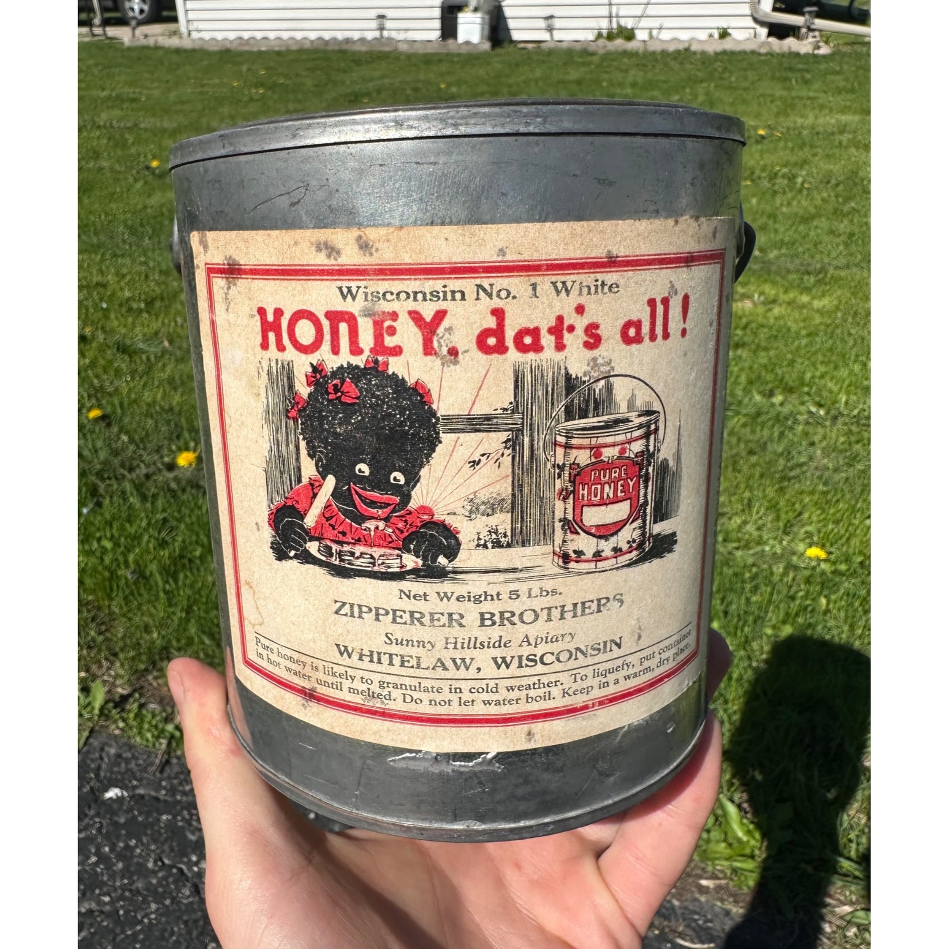 Original Black Americana Honey tin Pail Zipperer Brothers Whitelaw Wis
