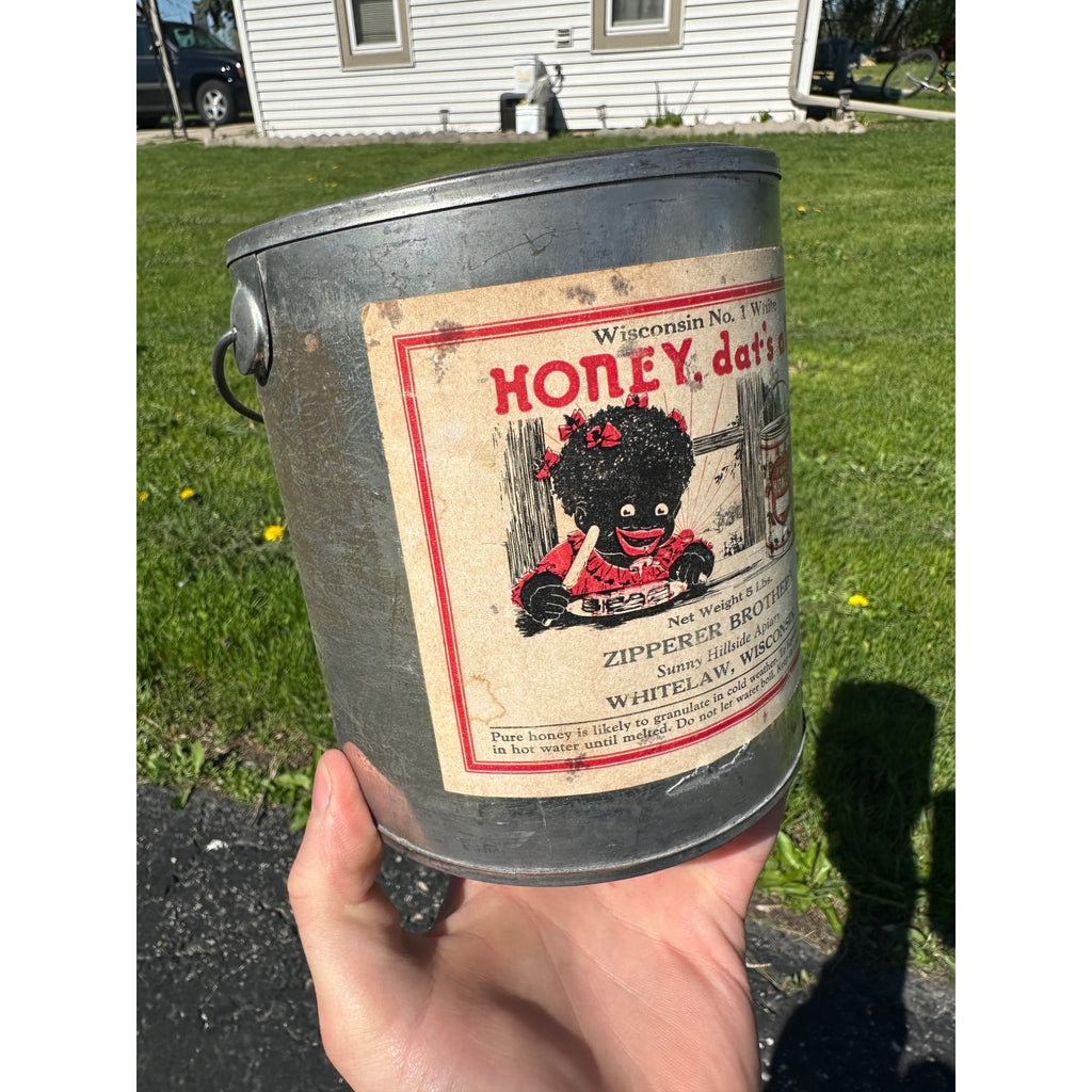 Original Black Americana Honey tin Pail Zipperer Brothers Whitelaw Wis