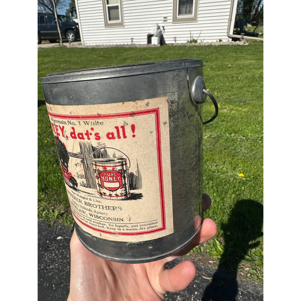 Original Black Americana Honey tin Pail Zipperer Brothers Whitelaw Wis
