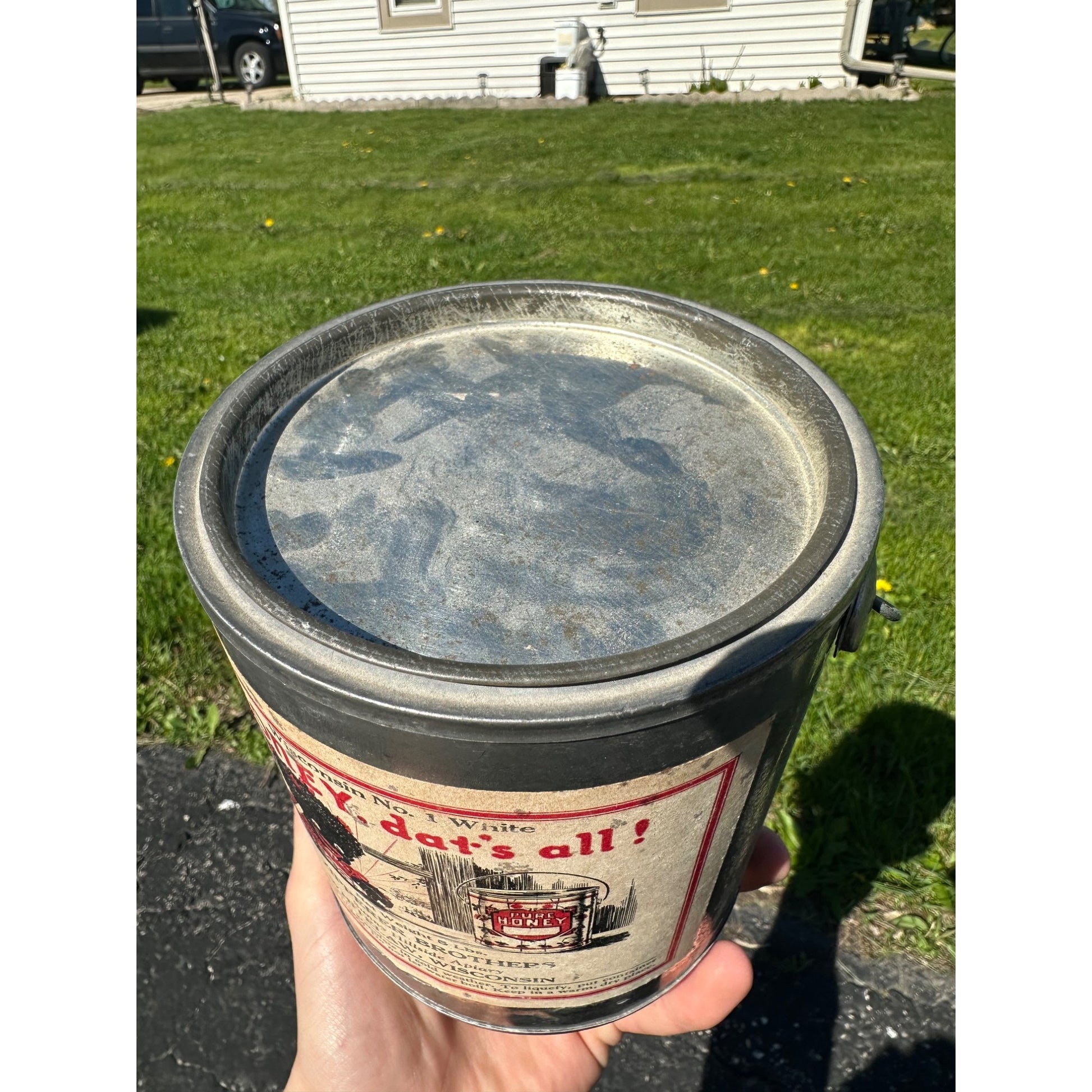 Original Black Americana Honey tin Pail Zipperer Brothers Whitelaw Wis