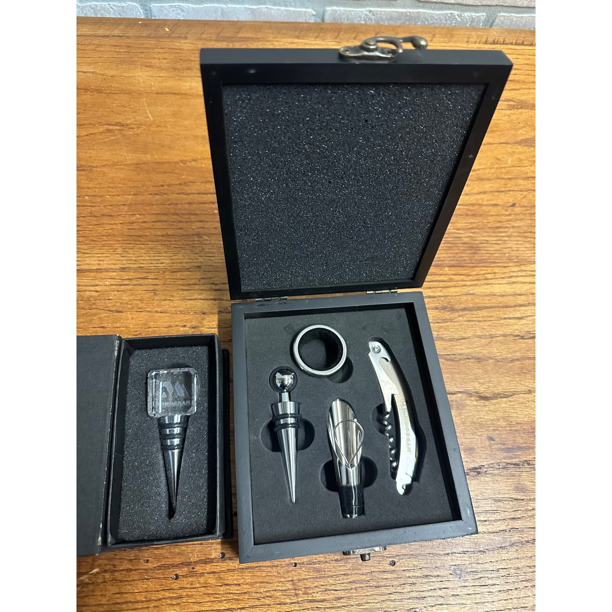 Monogram Bottle Wine Opener Kit Stopper, Pourer, Drip Collar 5-Piece BLK Box Set