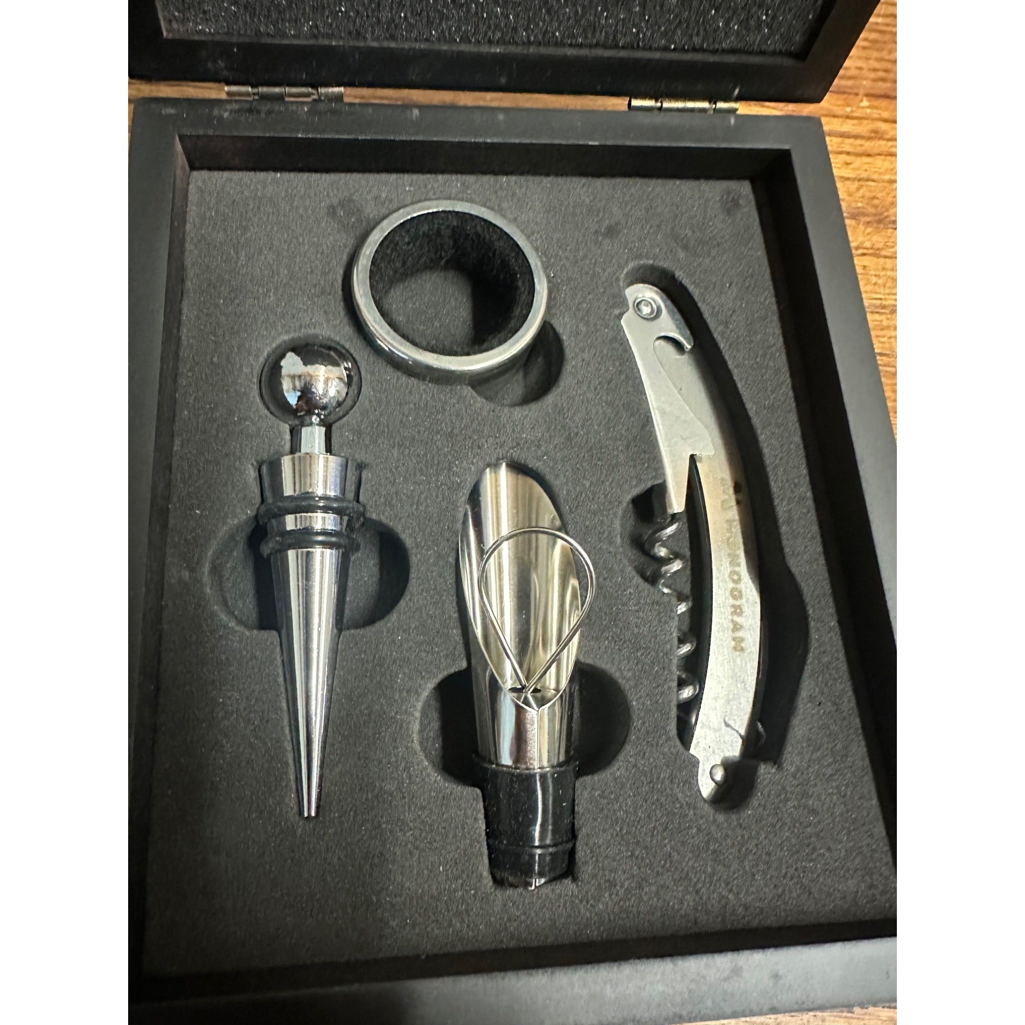 Monogram Bottle Wine Opener Kit Stopper, Pourer, Drip Collar 5-Piece BLK Box Set