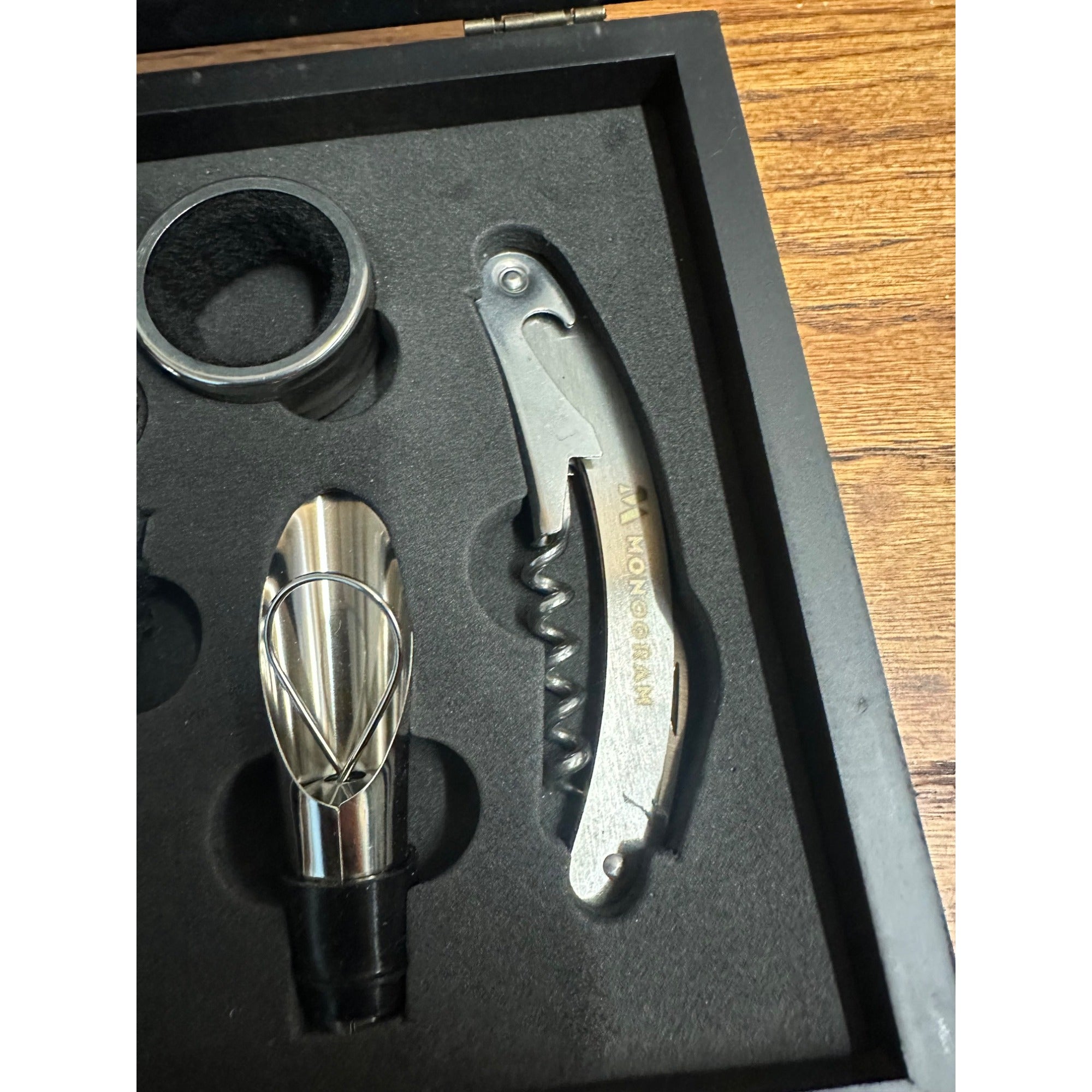 Monogram Bottle Wine Opener Kit Stopper, Pourer, Drip Collar 5-Piece BLK Box Set