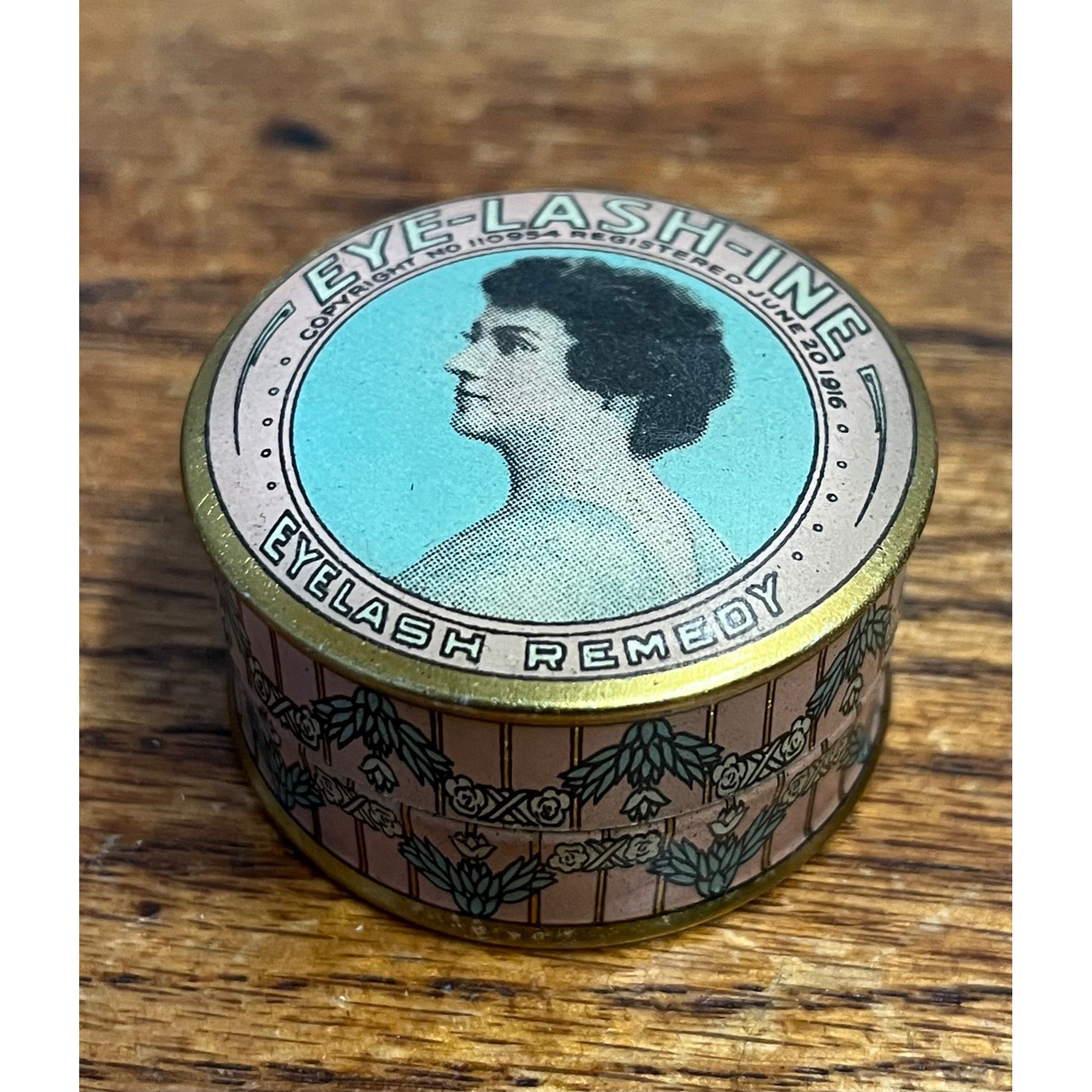 Vintage Eye Lash Ine Tin 1916 Eyelashine Remedy Advertising Round Small Victorian Girl