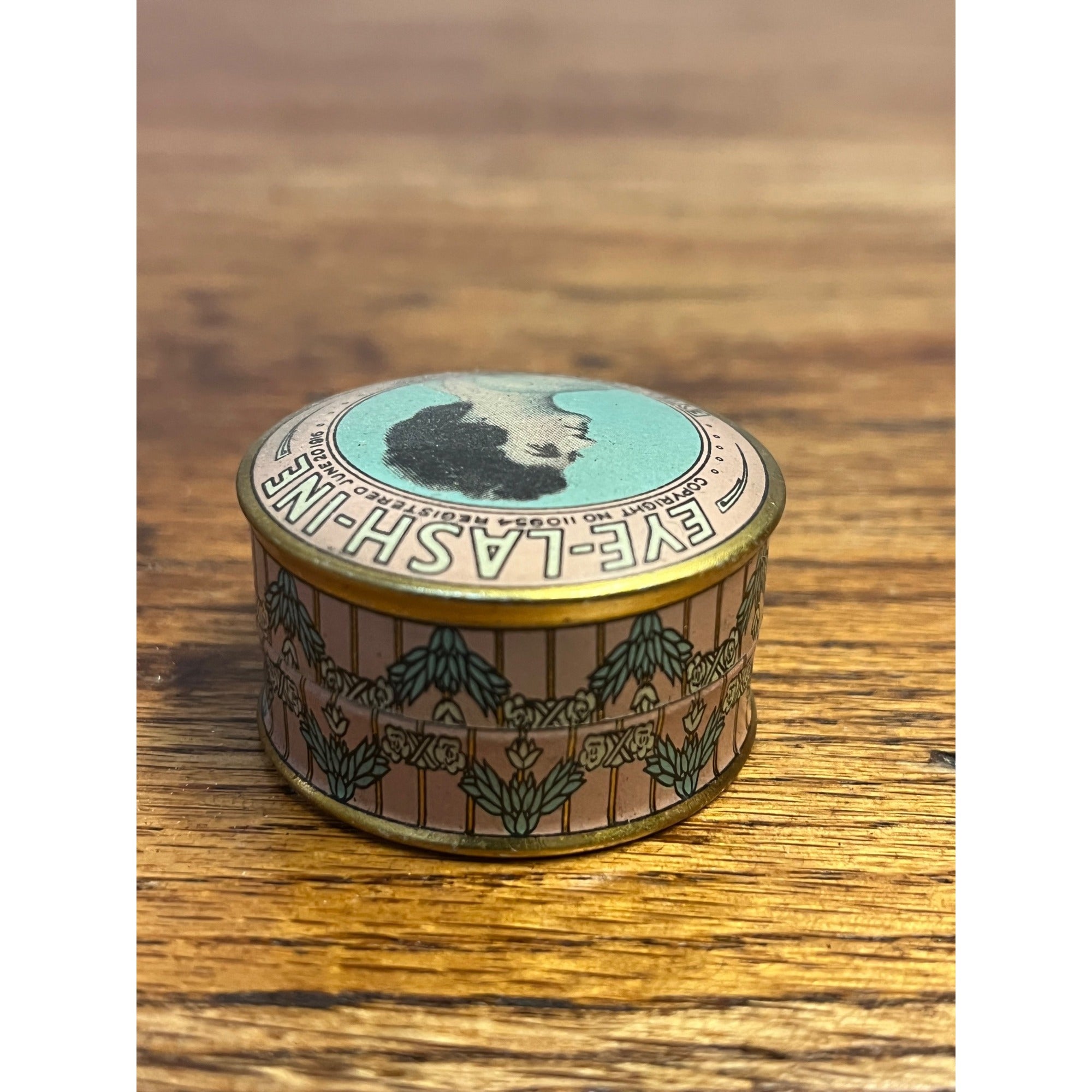 Vintage Eye Lash Ine Tin 1916 Eyelashine Remedy Advertising Round Small Victorian Girl