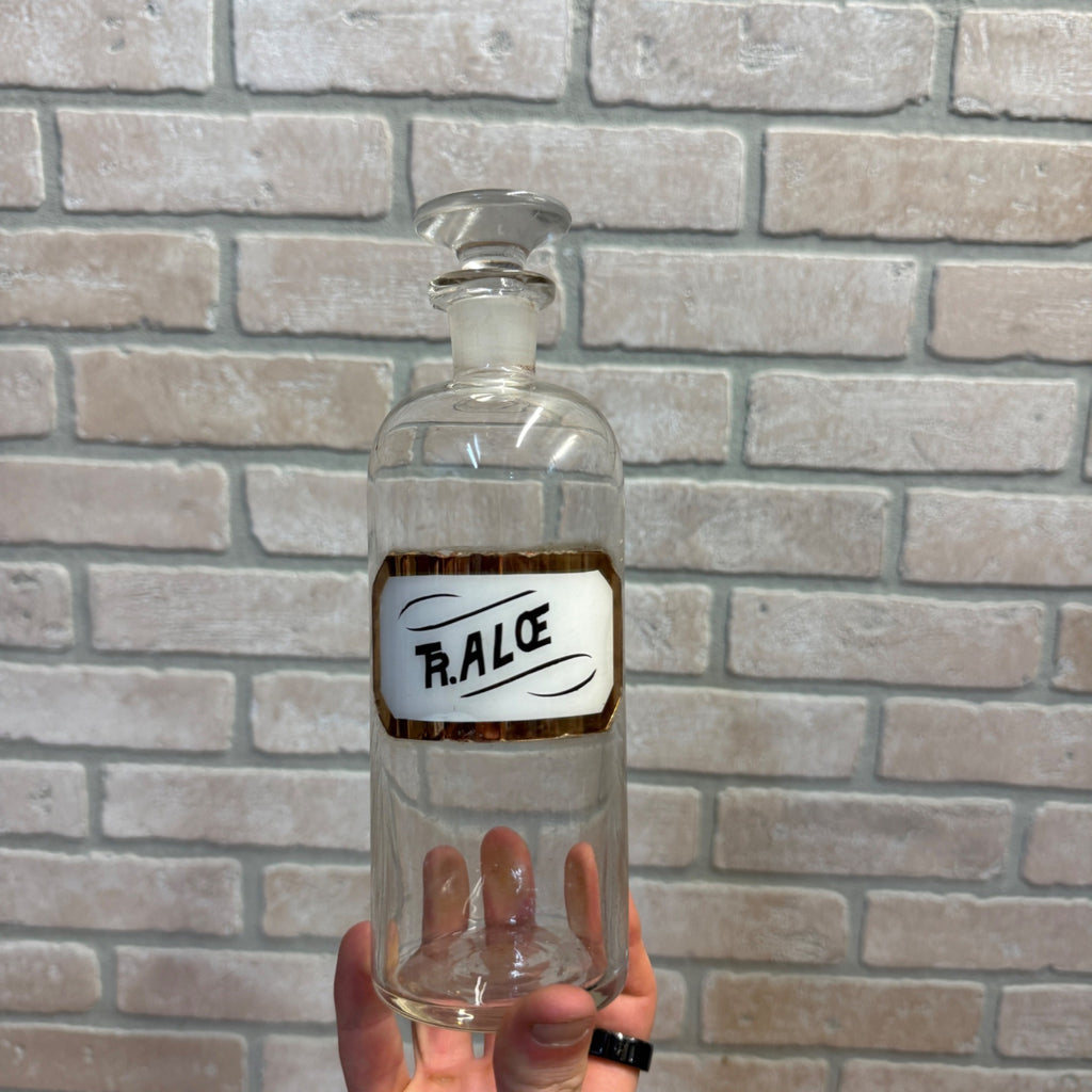 Vintage Glass Pharmacy Apothecary Bottle With Stopper and Glass Label Reading Tr. Aloe (Tincture of Aloe)