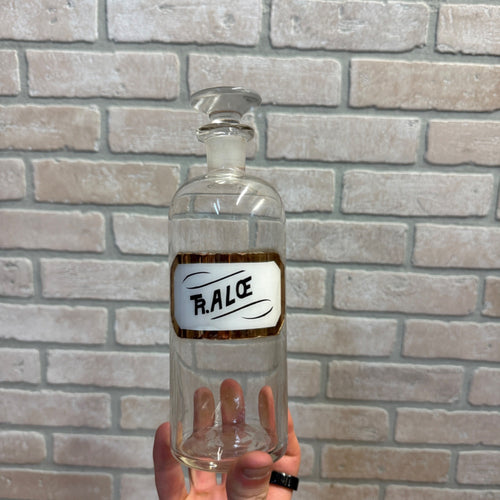 Vintage Glass Pharmacy Apothecary Bottle With Stopper and Glass Label Reading Tr. Aloe (Tincture of Aloe)