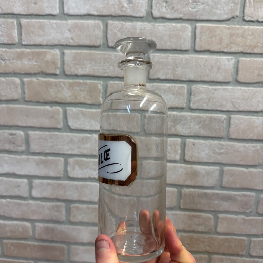 Vintage Glass Pharmacy Apothecary Bottle With Stopper and Glass Label Reading Tr. Aloe (Tincture of Aloe)