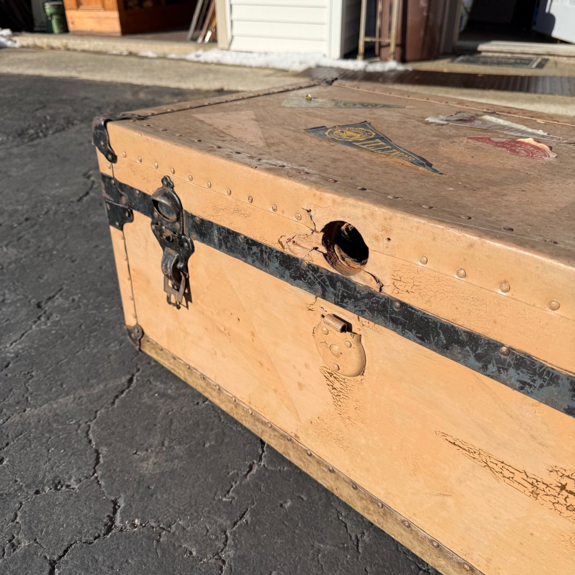Vintage Steamer Trunk Luggage Case Storage Box w/ College Pennant Decals
