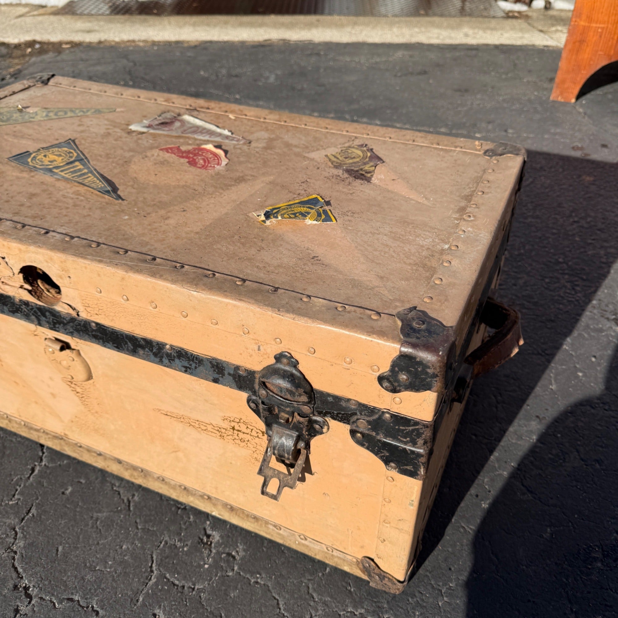 Vintage Steamer Trunk Luggage Case Storage Box w/ College Pennant Decals