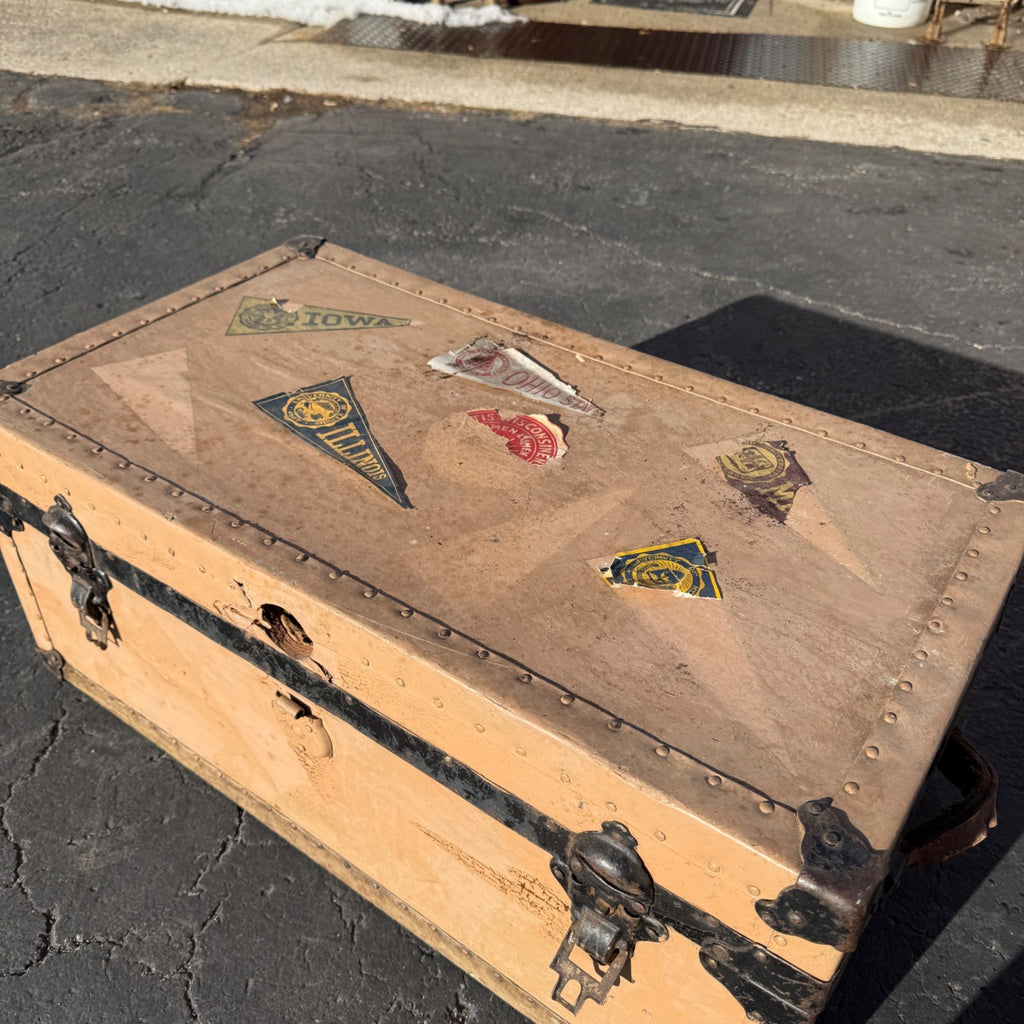 Vintage Steamer Trunk Luggage Case Storage Box w/ College Pennant Decals