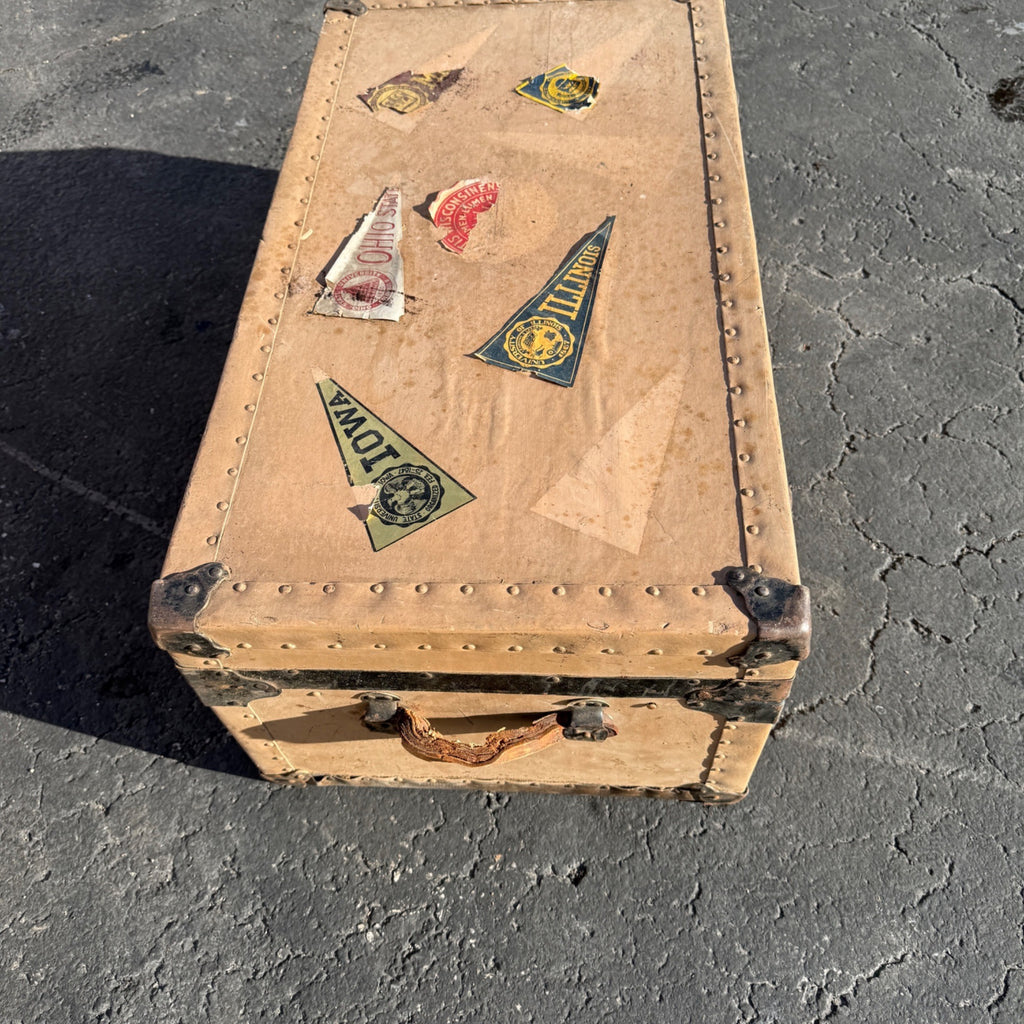 Vintage Steamer Trunk Luggage Case Storage Box w/ College Pennant Decals