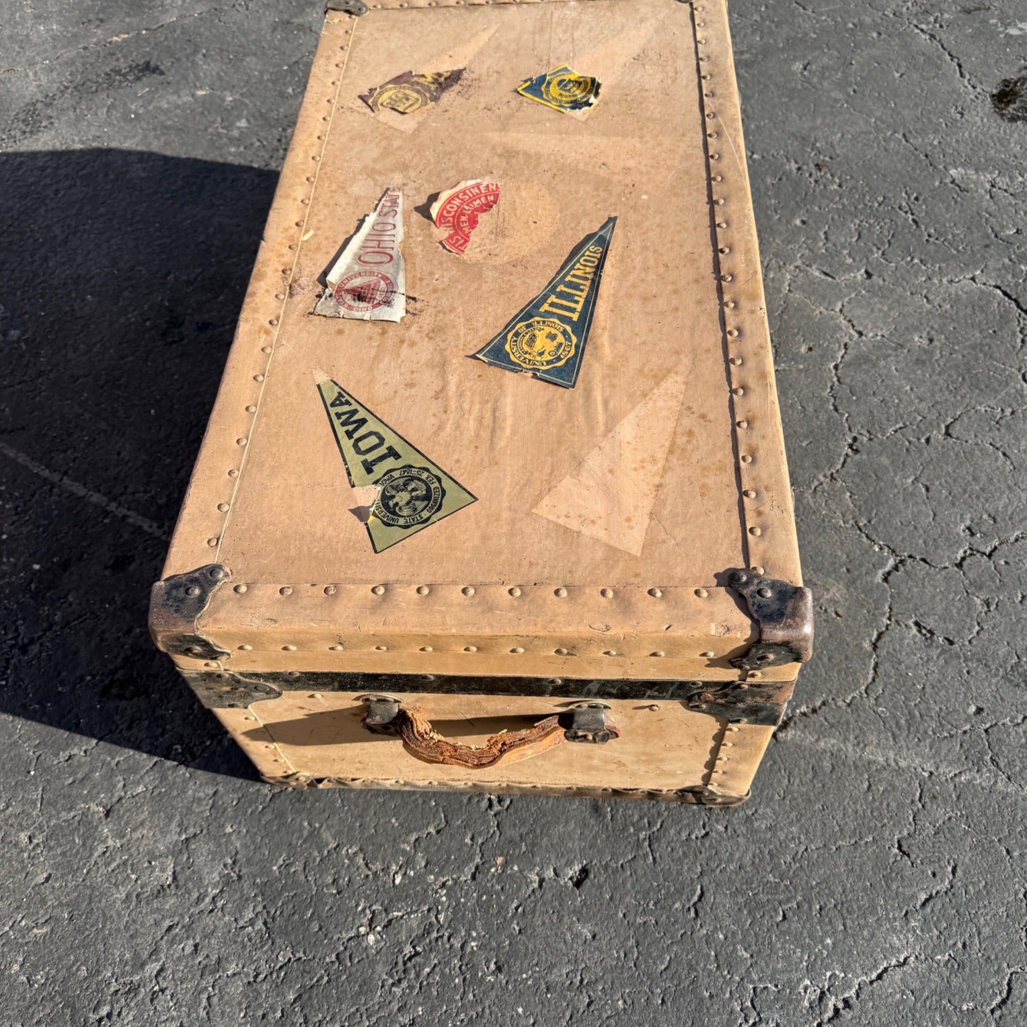 Vintage Steamer Trunk Luggage Case Storage Box w/ College Pennant Decals