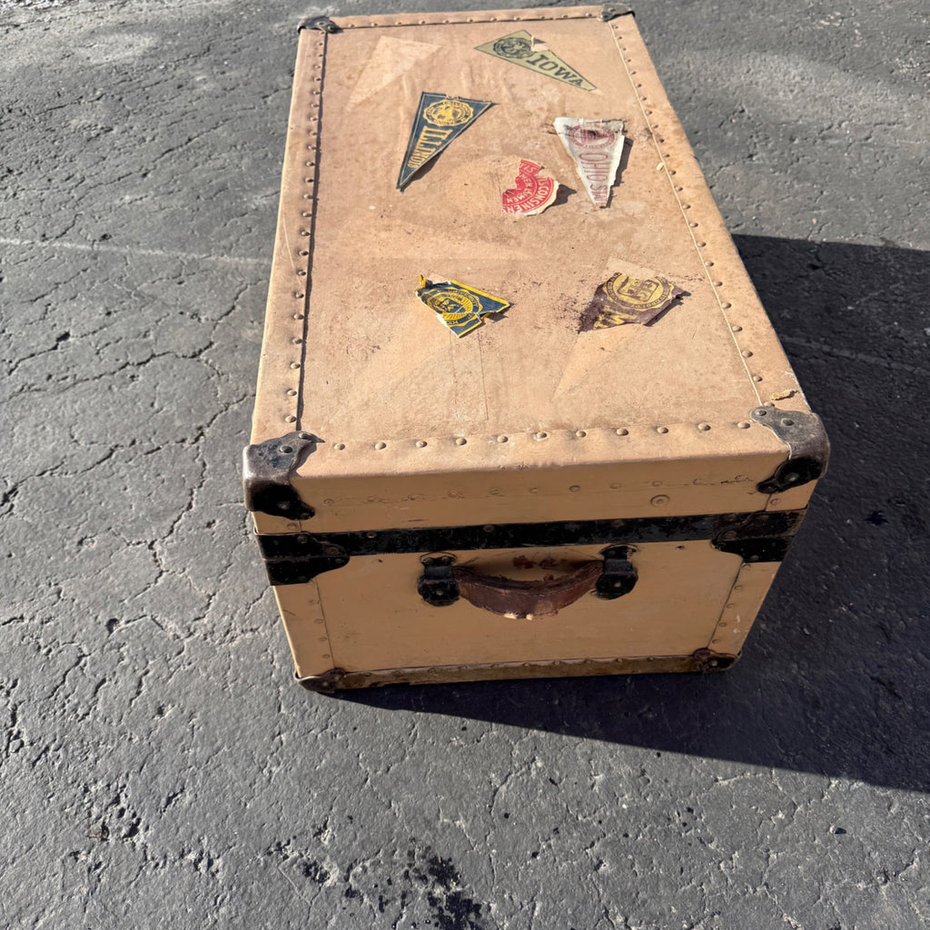 Vintage Steamer Trunk Luggage Case Storage Box w/ College Pennant Decals