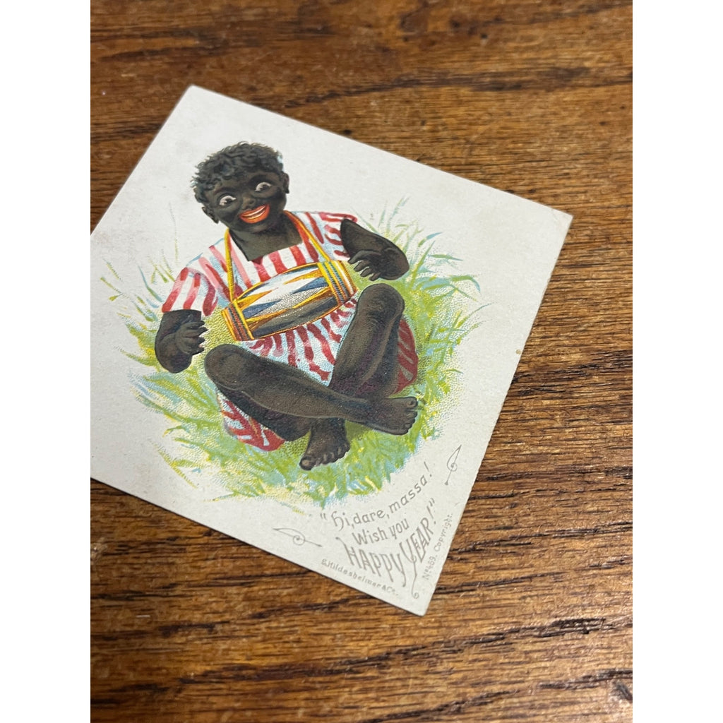 Antique Victorian Happy New Year Trade Card 1880s Boy w Toy Drum Hildesheimer Co