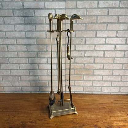 Vintage Brass Duck Head Mallard Fireplace Tool Set 5 Piece and Stand