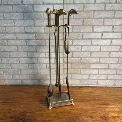 Vintage Brass Duck Head Mallard Fireplace Tool Set 5 Piece and Stand