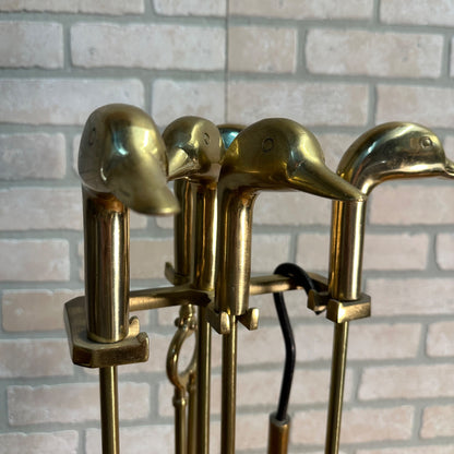 Vintage Brass Duck Head Mallard Fireplace Tool Set 5 Piece and Stand