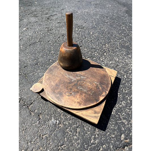 Antique Primitive 1800s Wooden Butcher Block Cutting Board w/ Wood Mallet OOAK