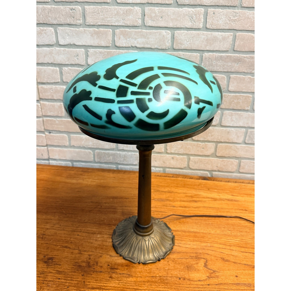 Vintage Art Nouveau Blue Green Mushroom Shade Lamp Arts & Crafts