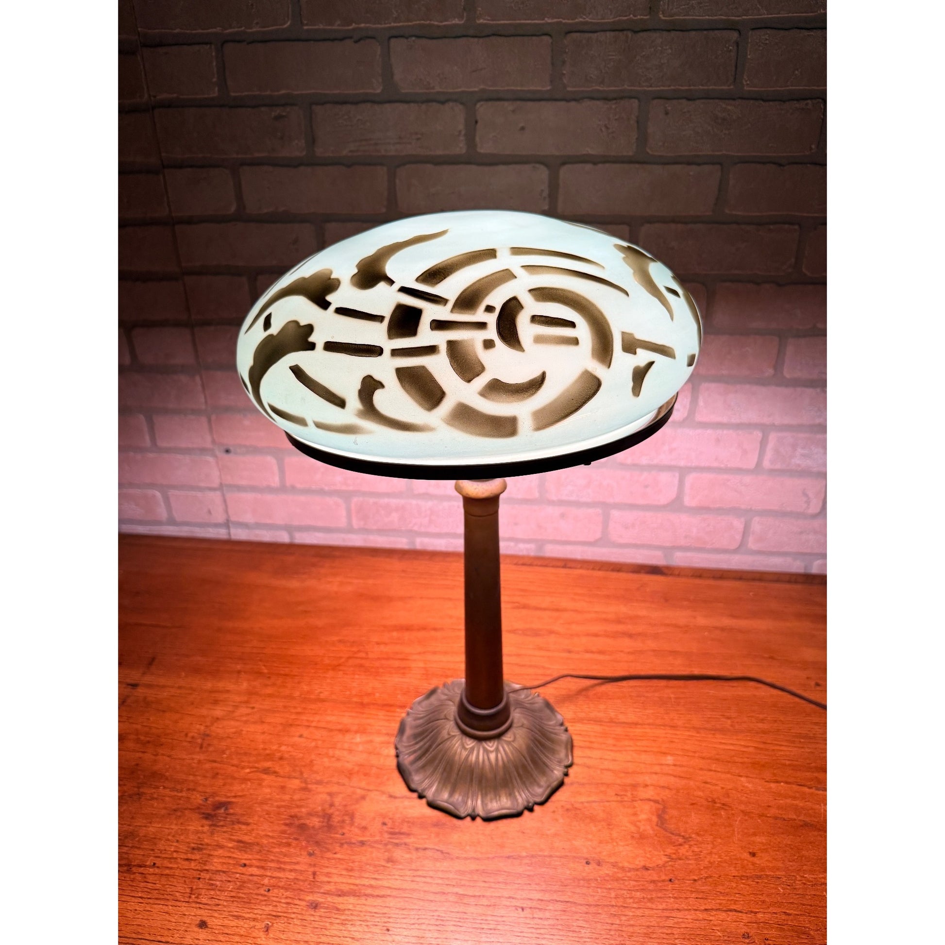 Vintage Art Nouveau Blue Green Mushroom Shade Lamp Arts & Crafts