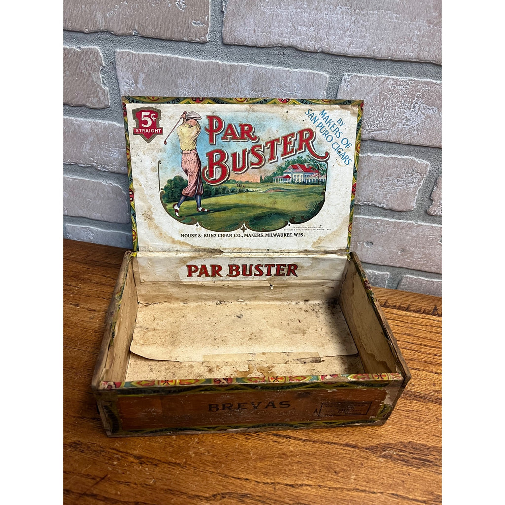 Vintage Par Buster Cigar Wooden Box Advertising Golfer House & Kunz Milwaukee