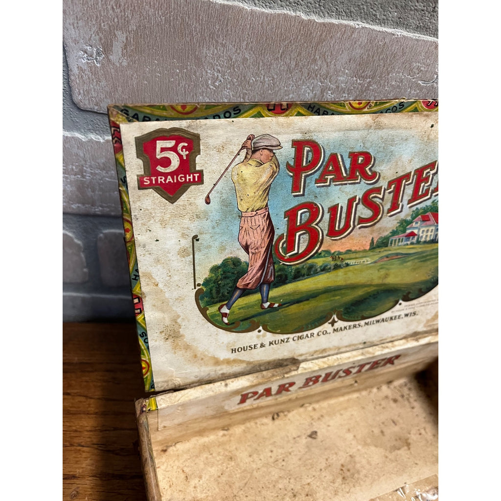 Vintage Par Buster Cigar Wooden Box Advertising Golfer House & Kunz Milwaukee