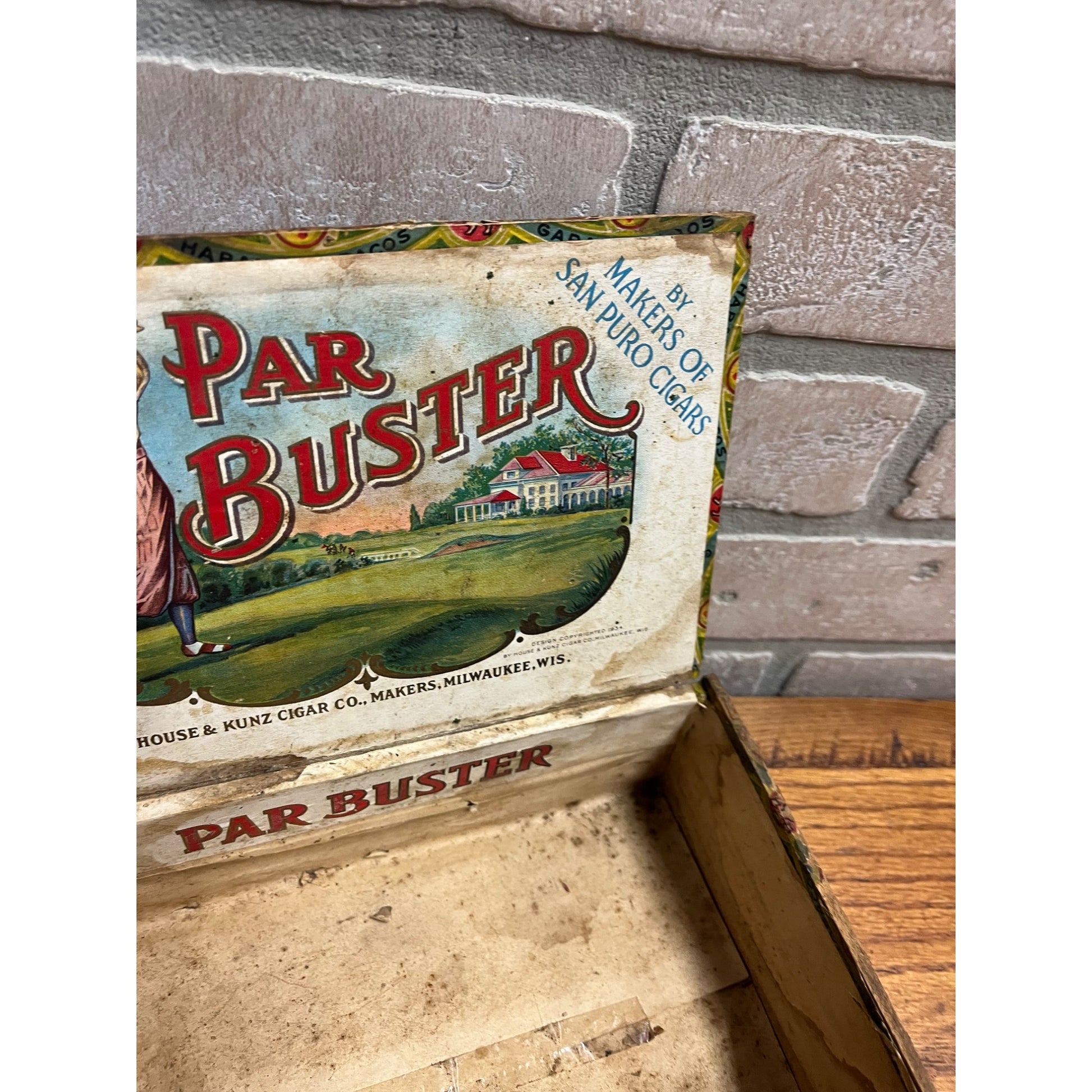 Vintage Par Buster Cigar Wooden Box Advertising Golfer House & Kunz Milwaukee