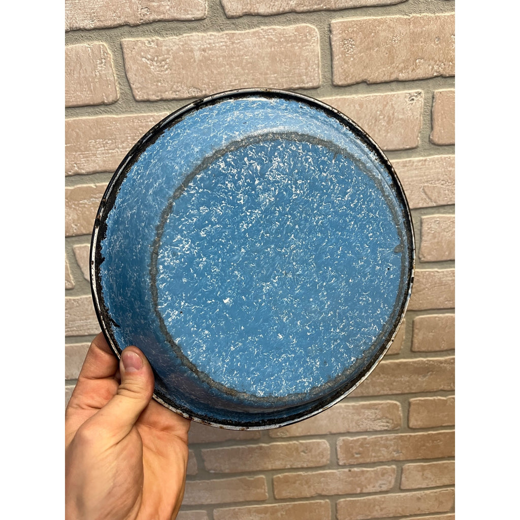 Antique Primitive Light Blue and White Swirl Enamel Graniteware Round Pie Pan/ Baking Dish/ Farmhouse Decor