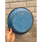 Antique Primitive Light Blue and White Swirl Enamel Graniteware Round Pie Pan/ Baking Dish/ Farmhouse Decor