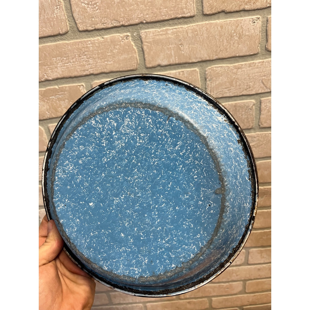 Antique Primitive Light Blue and White Swirl Enamel Graniteware Round Pie Pan/ Baking Dish/ Farmhouse Decor