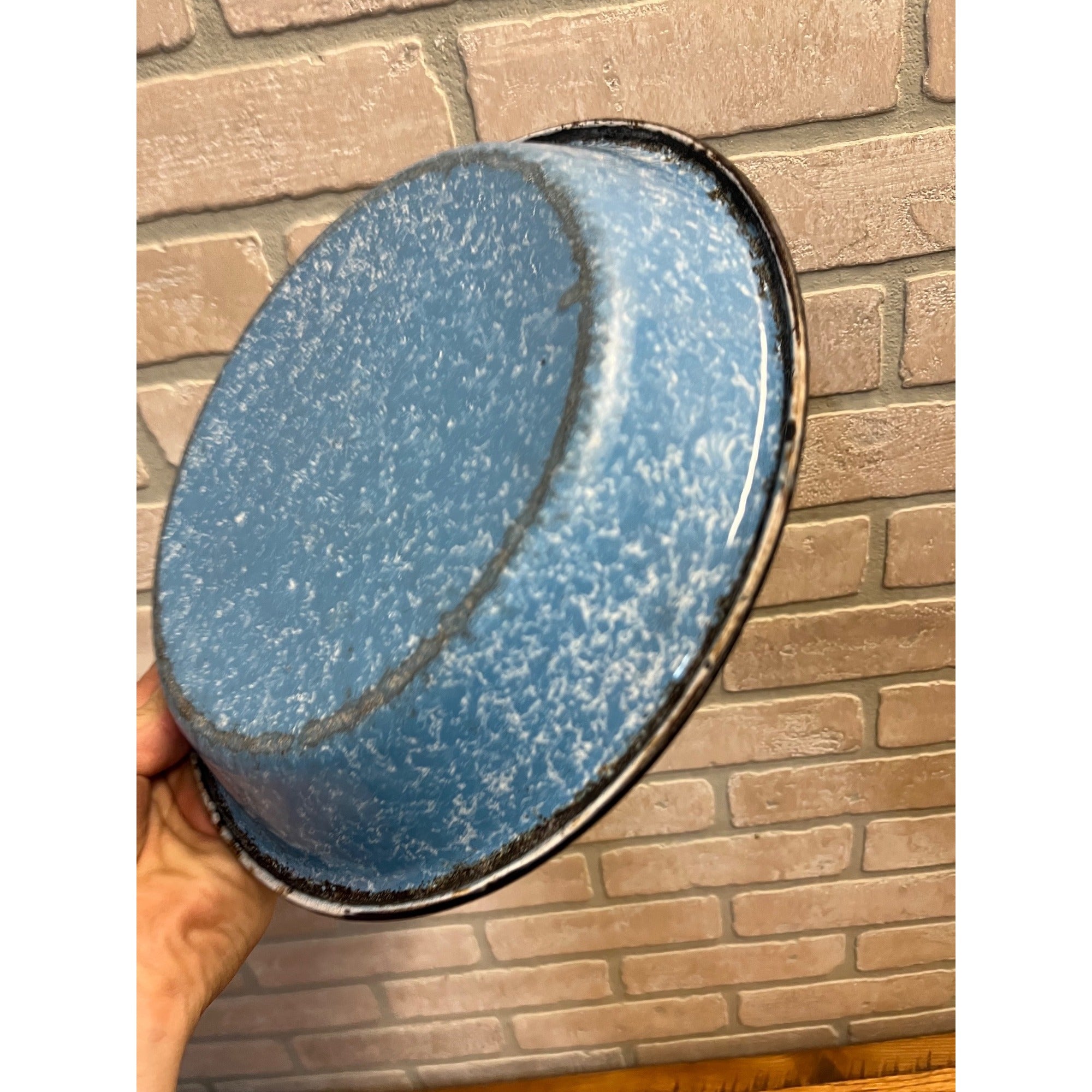 Antique Primitive Light Blue and White Swirl Enamel Graniteware Round Pie Pan/ Baking Dish/ Farmhouse Decor