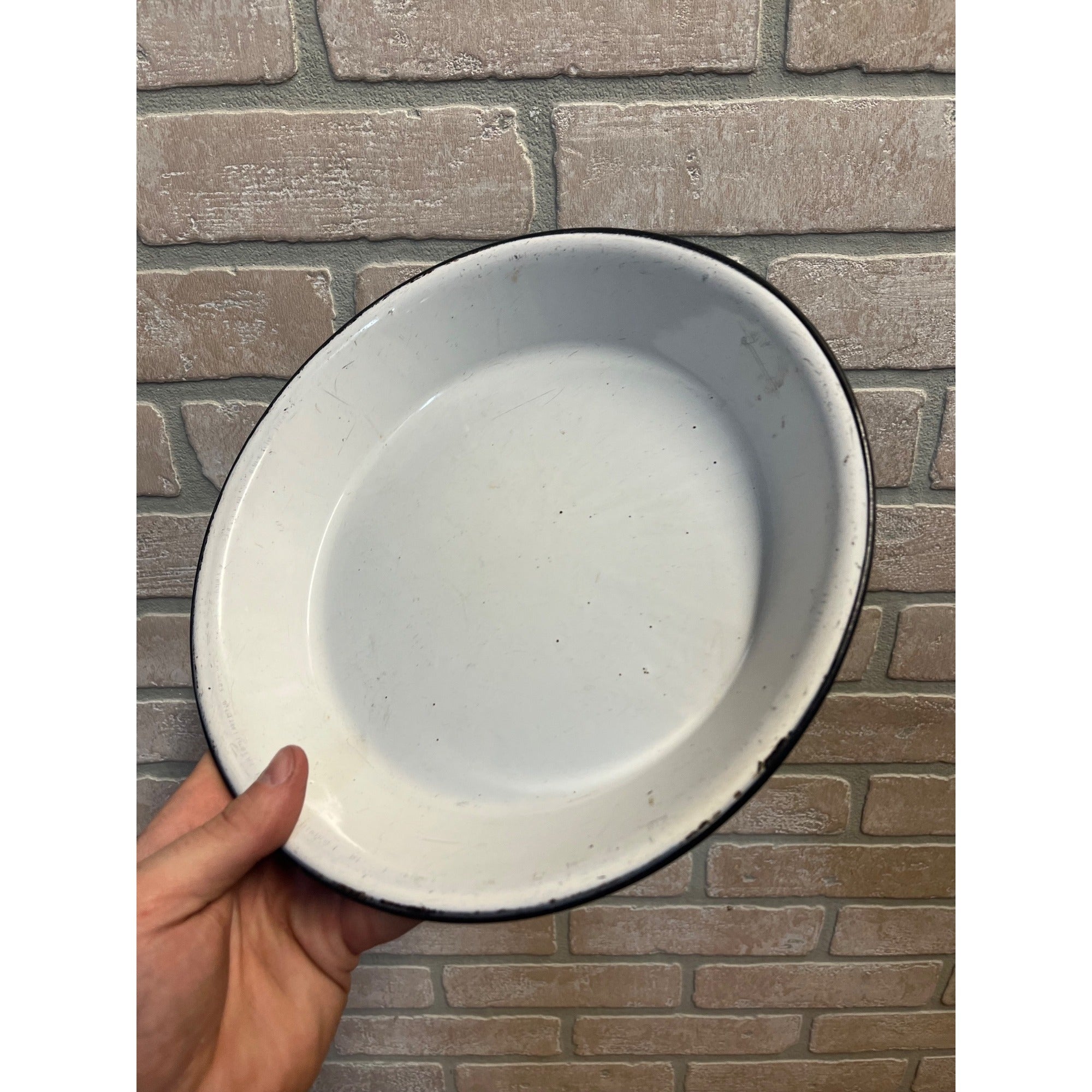 Antique Primitive Light Blue and White Swirl Enamel Graniteware Round Pie Pan/ Baking Dish/ Farmhouse Decor