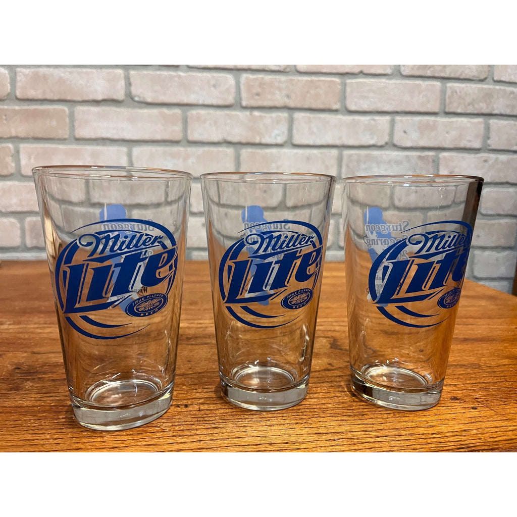 Miller Lite Beer Bar Glasses Lot (3) 2005 Lake Winnebago Sturgeon Hunt Spearing Fishing