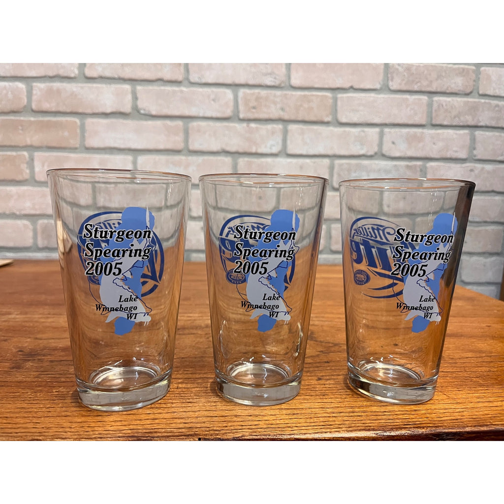 Miller Lite Beer Bar Glasses Lot (3) 2005 Lake Winnebago Sturgeon Hunt Spearing Fishing