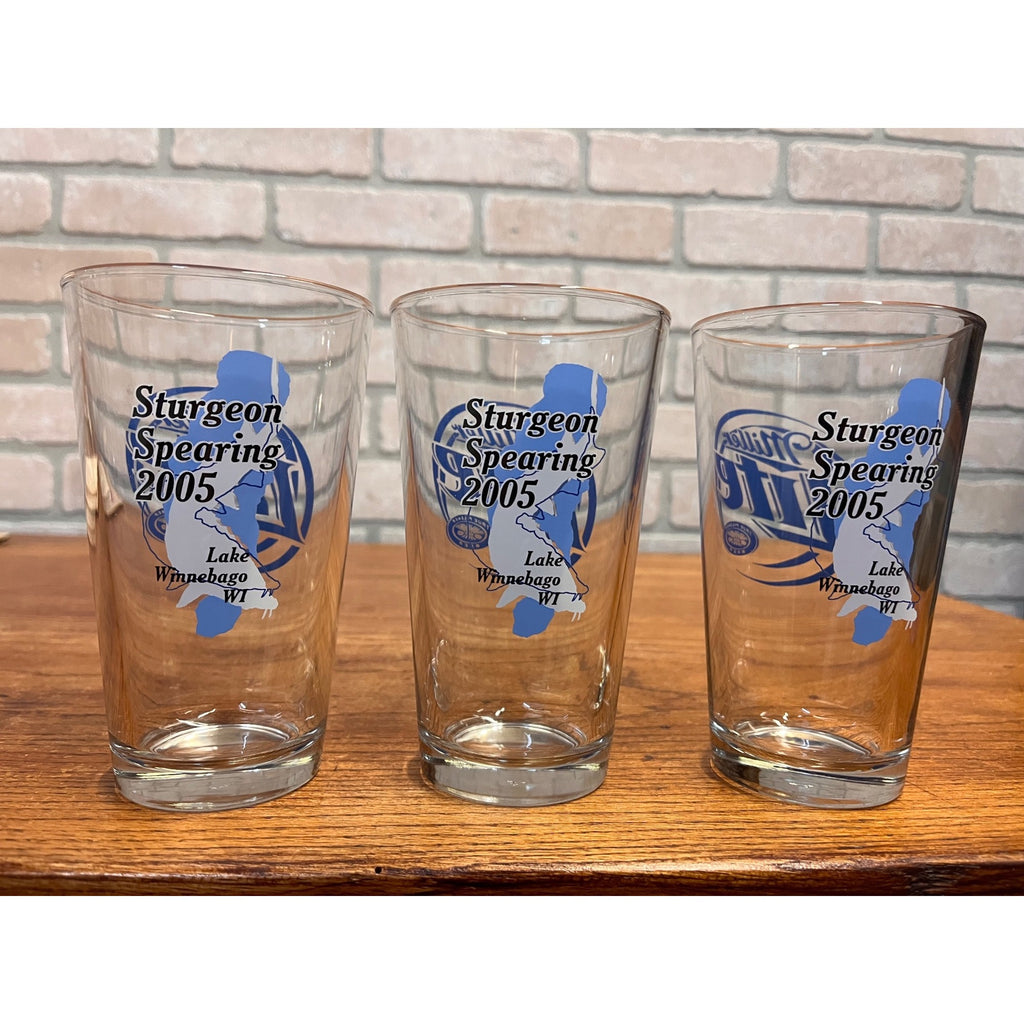 Miller Lite Beer Bar Glasses Lot (3) 2005 Lake Winnebago Sturgeon Hunt Spearing Fishing