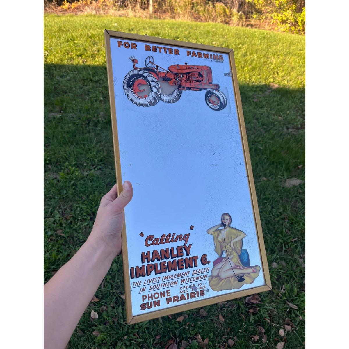 Vintage Hanley Implement Advertising Mirror Sun Prairie, WI Allis-Chalmers Tractor