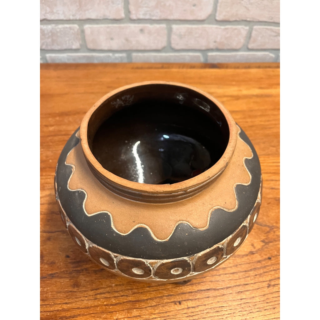 Vintage Footed Mexican Pottery Tripod Planter Effigy Accents and Geometric Design Mexico Modern Day MesoAmerican Art