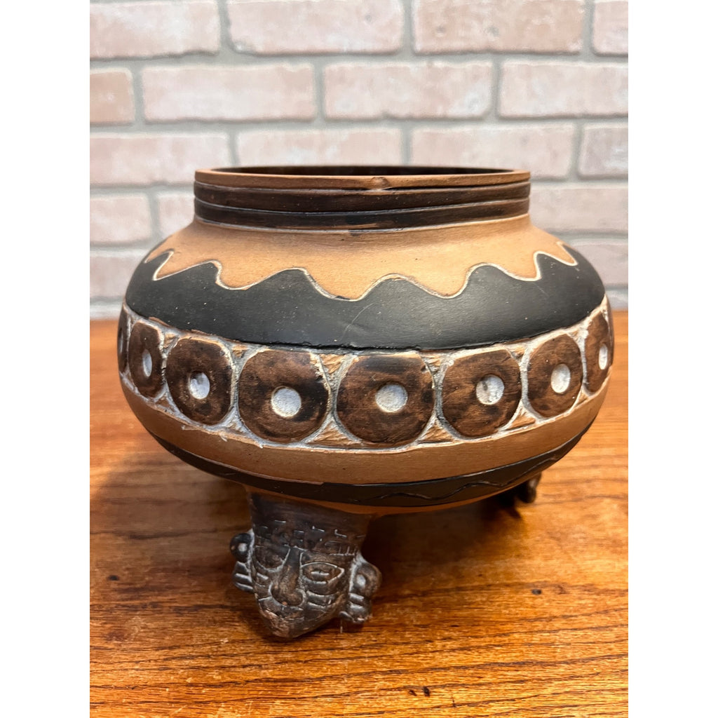 Vintage Footed Mexican Pottery Tripod Planter Effigy Accents and Geometric Design Mexico Modern Day MesoAmerican Art