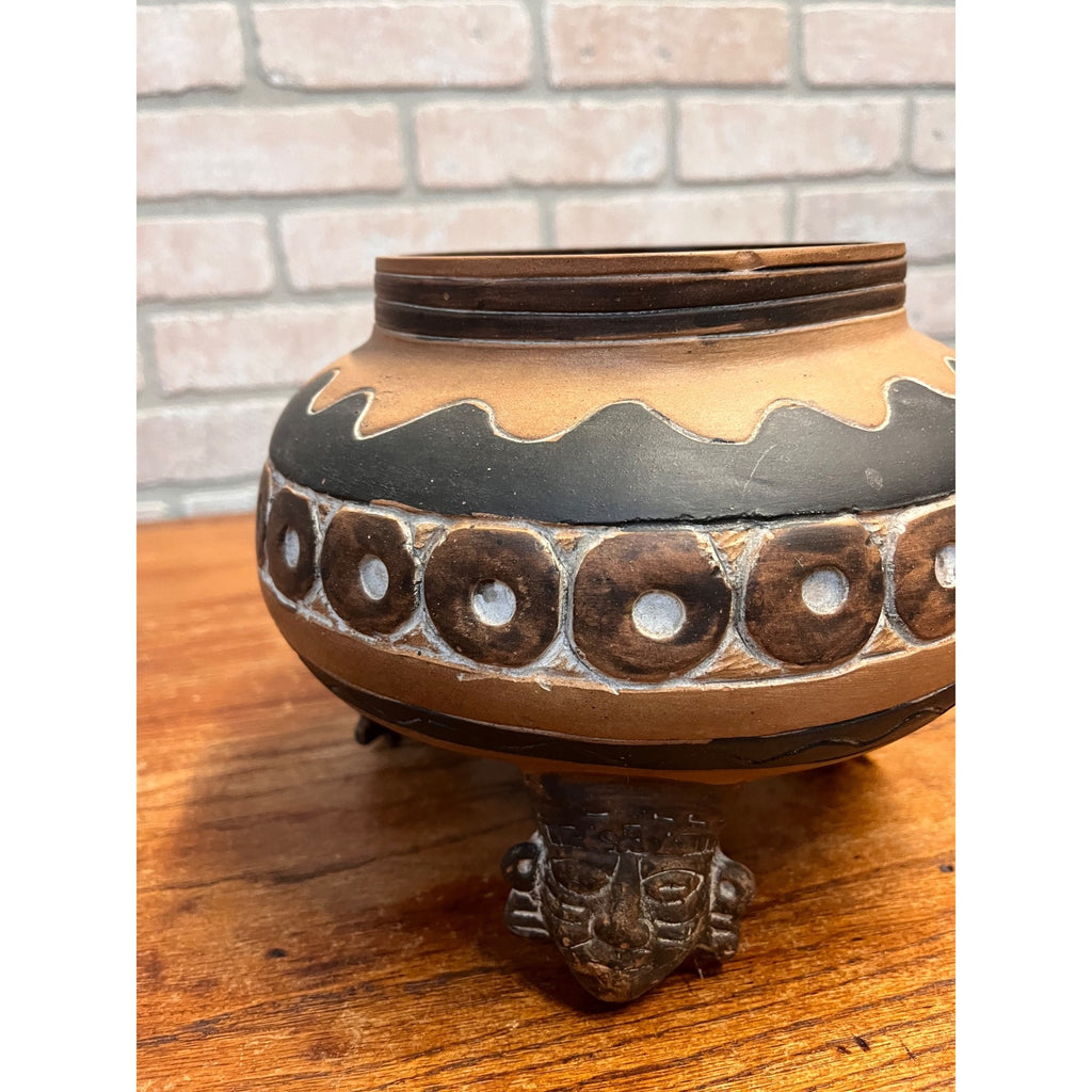 Vintage Footed Mexican Pottery Tripod Planter Effigy Accents and Geometric Design Mexico Modern Day MesoAmerican Art