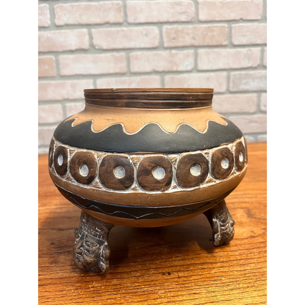 Vintage Footed Mexican Pottery Tripod Planter Effigy Accents and Geometric Design Mexico Modern Day MesoAmerican Art