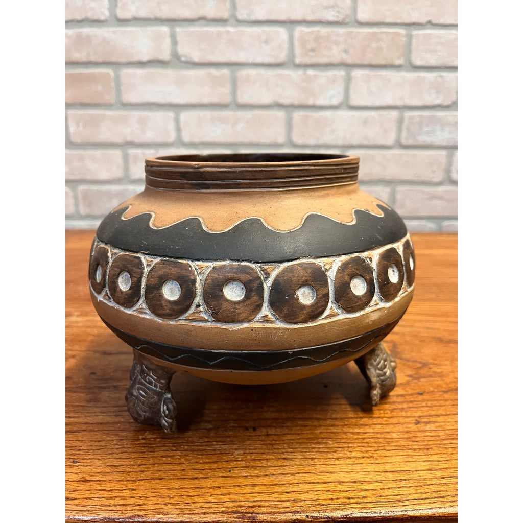 Vintage Footed Mexican Pottery Tripod Planter Effigy Accents and Geometric Design Mexico Modern Day MesoAmerican Art