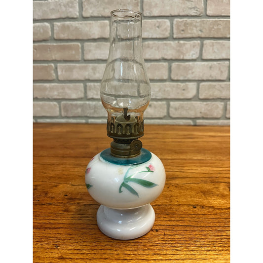 Vintage Small Milk Glass Oil Kerosene Lamp Hand Painted Flowers Glass Chimney