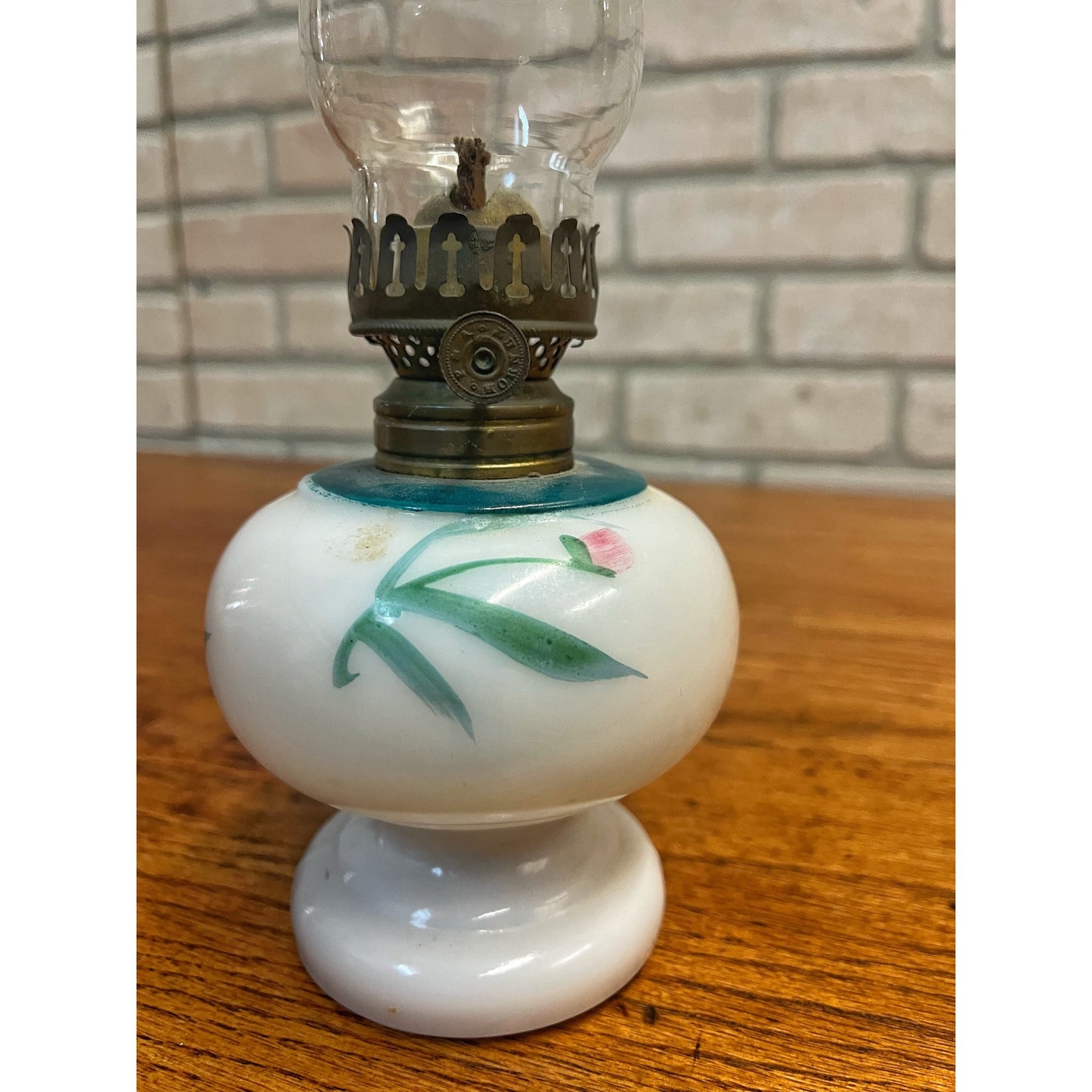 Vintage Small Milk Glass Oil Kerosene Lamp Hand Painted Flowers Glass Chimney